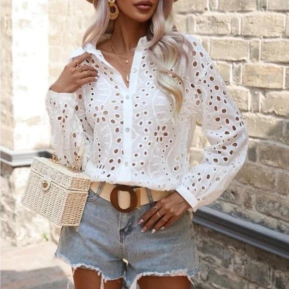 Boho Oversized Floral Sheer Eyelet Embroidered Lace Button Down Shirt Top Blouse - Picture 6 of 6